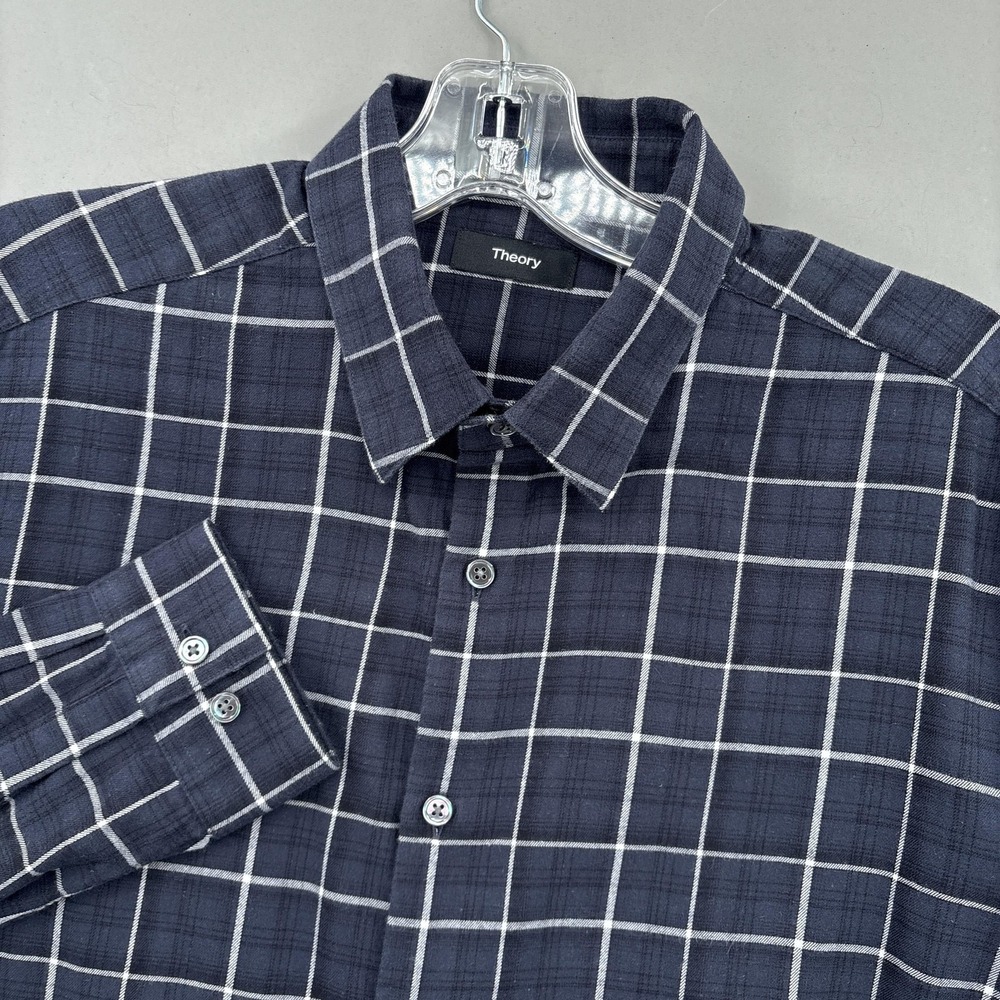 Theory Shirt Mens Large Navy Blue Windowpane Check Cotton Irving Long Sleeve